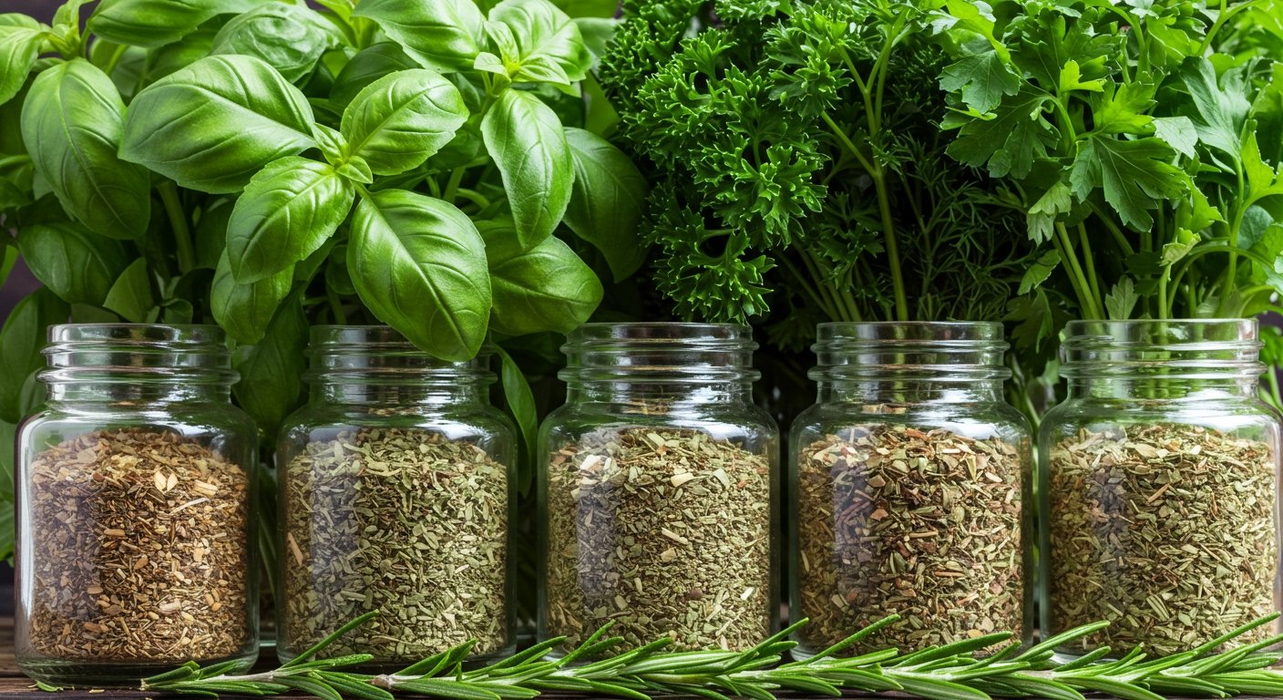 A vibrant assortment of fresh herbs like basil, parsley, and rosemary next to small jars of dried herbs, illustrating the concept of Fresh vs dried herbs. Focus on color and texture contrast.
