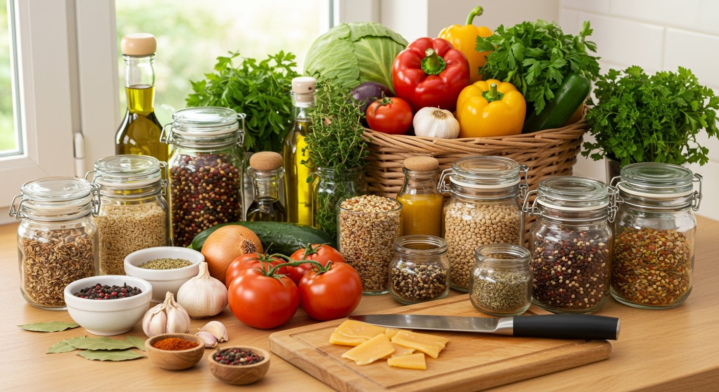 A vibrant collection of fresh produce, pantry staples, and assorted herbs and spices on a kitchen counter, representing essential ingredients for learning how to cook from scratch.