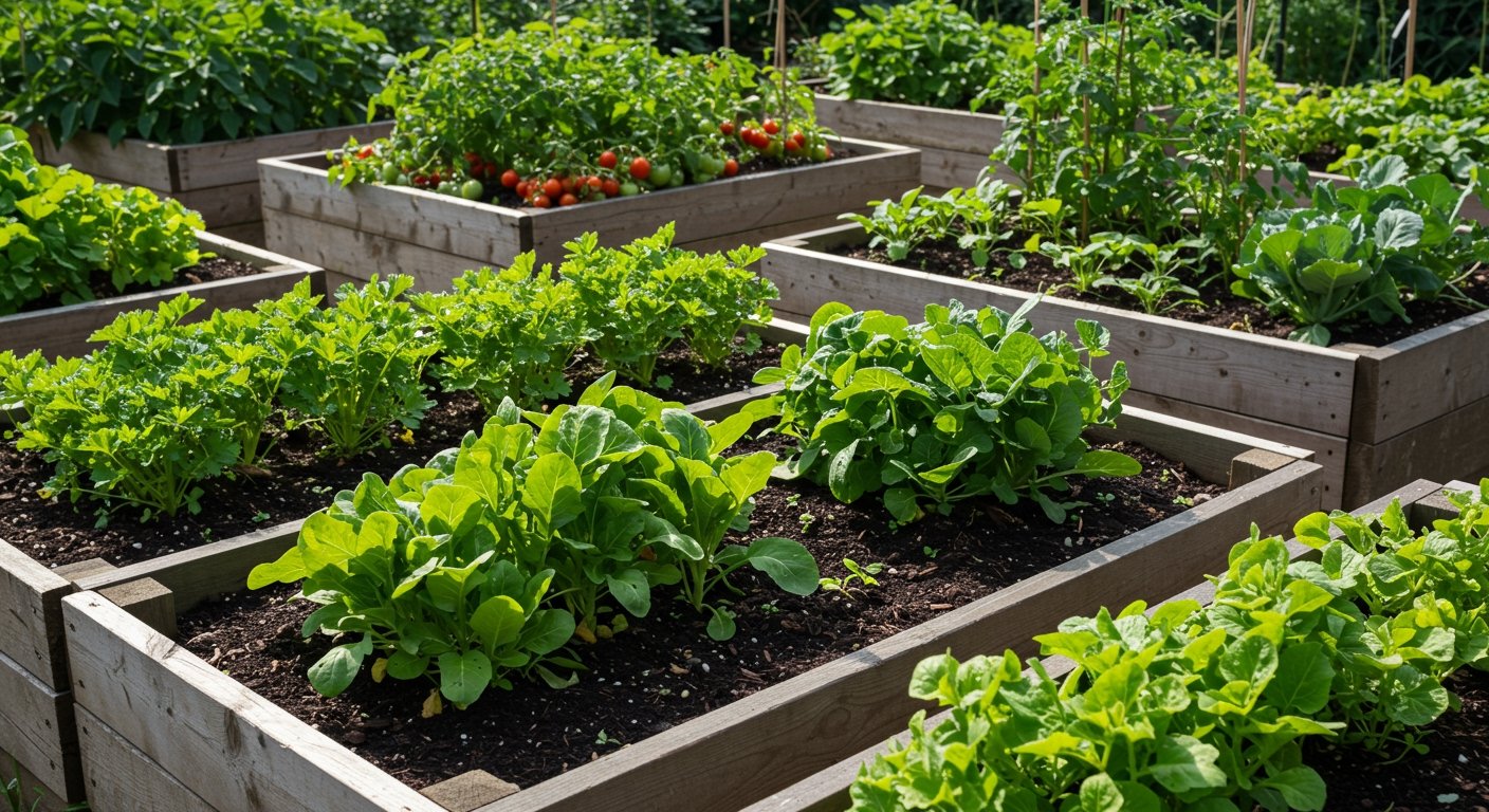 A vibrant, healthy organic garden with various vegetables growing naturally in raised beds, with a focus on rich, dark soil and thriving plants. Photorealistic.