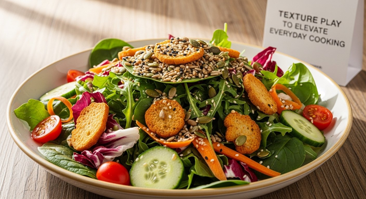 A vibrant salad with crispy croutons and toasted seeds, showcasing the importance of Texture Play to Elevate Everyday Cooking.