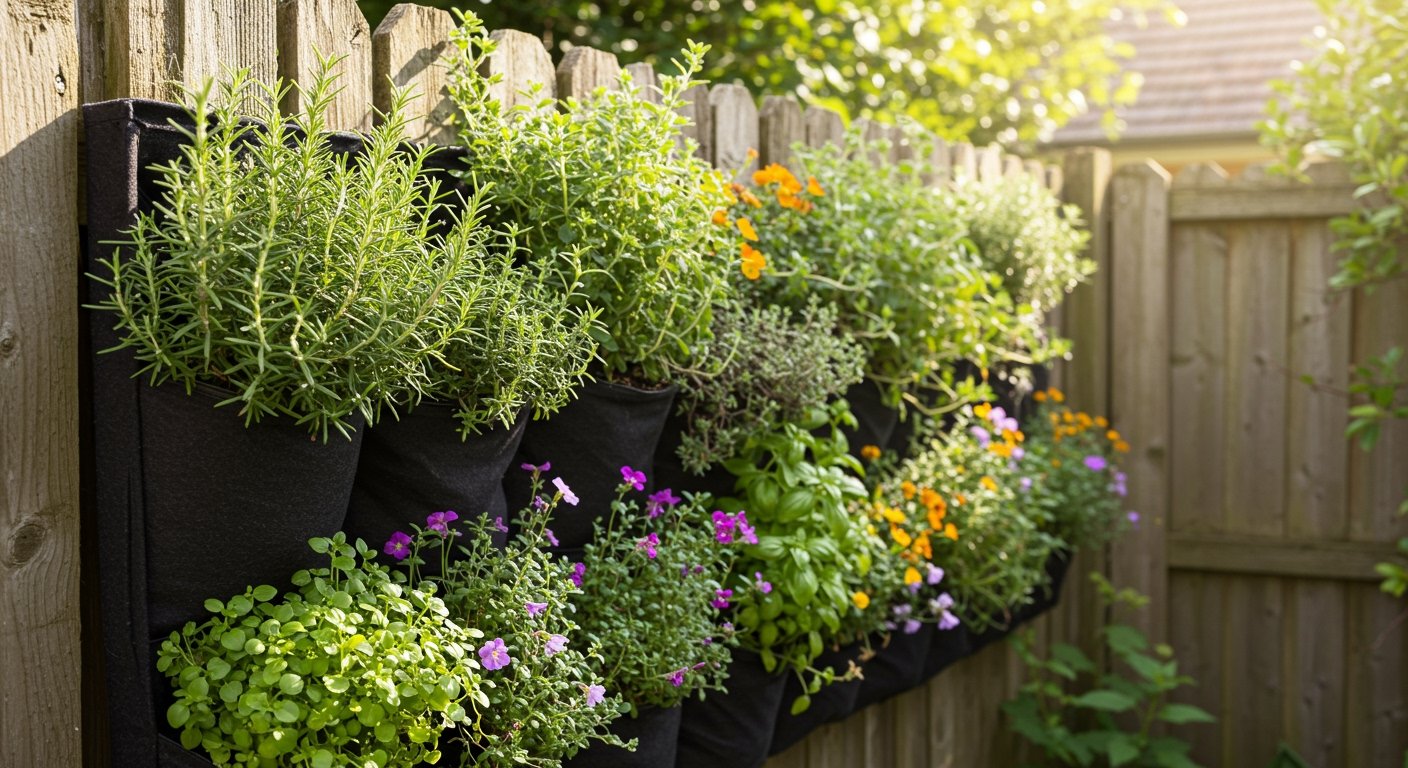 A vibrant vertical garden on a wooden fence, showcasing various herbs and small flowers, perfect for a small backyard oasis, with sunlight, photorealistic.