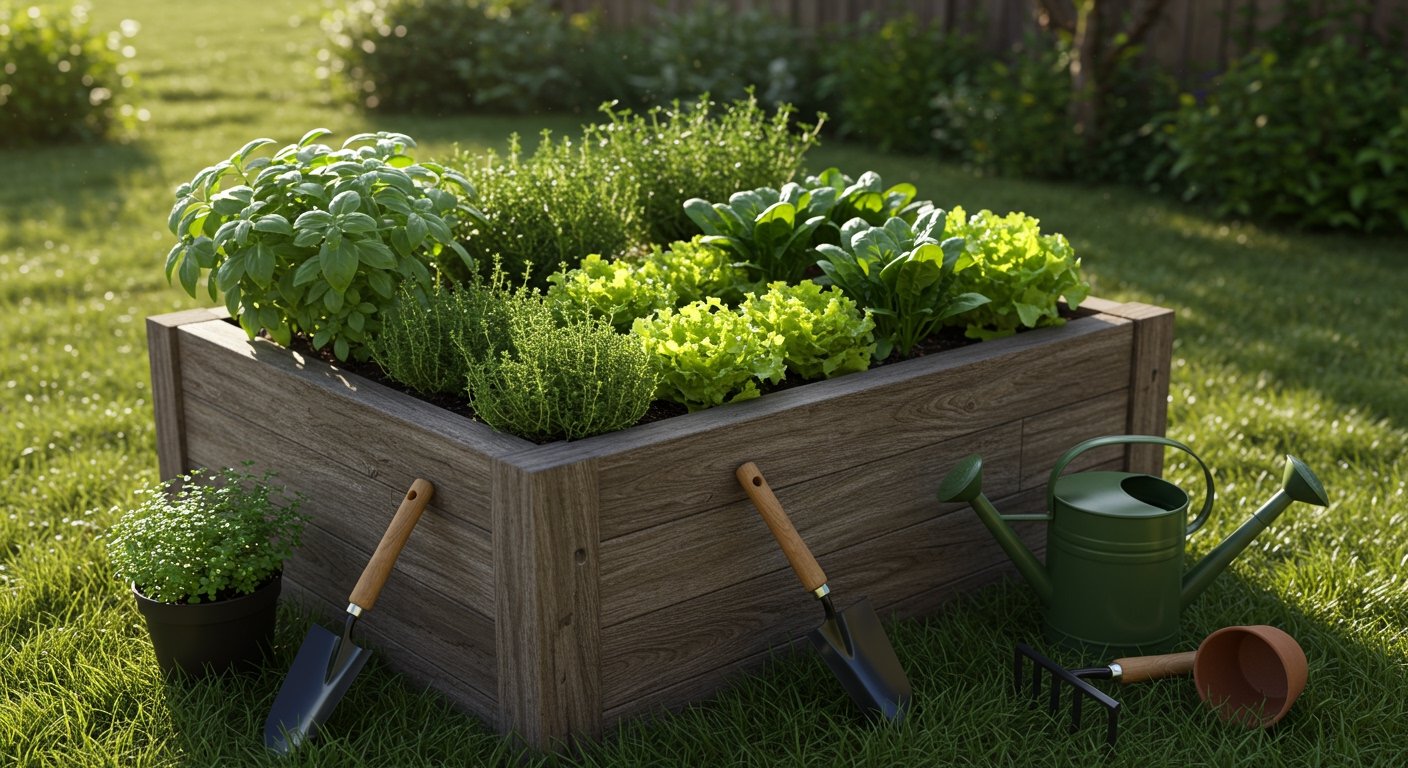A well-maintained small raised garden bed filled with various herbs and leafy greens, demonstrating a DIY backyard oasis project, with gardening tools nearby, photorealistic.
