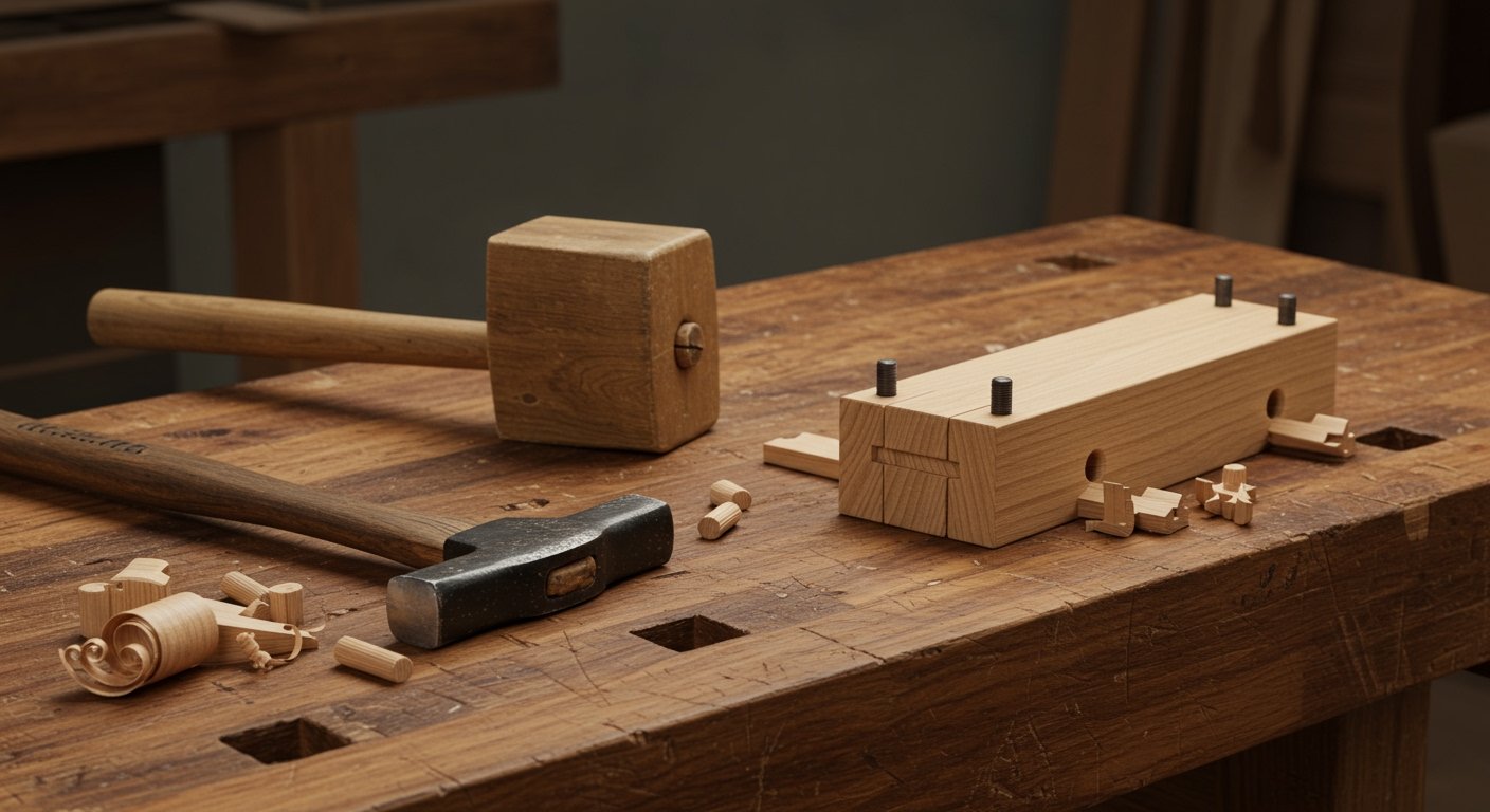 A wooden mallet and a claw hammer resting on a workbench next to a partly assembled wooden joint, showing essential woodworking hand tools for beginners.