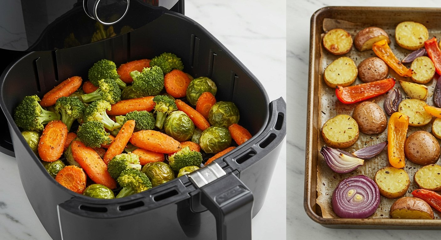 An air fryer basket filled with crispy vegetables next to a baking sheet with roasted vegetables, illustrating the 'Is air frying healthier' comparison to baking.