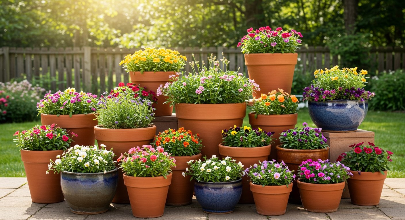 An arrangement of various sized terracotta and ceramic planters filled with colorful flowers and lush green plants on a patio, adding vibrant accents to a backyard oasis, photorealistic.