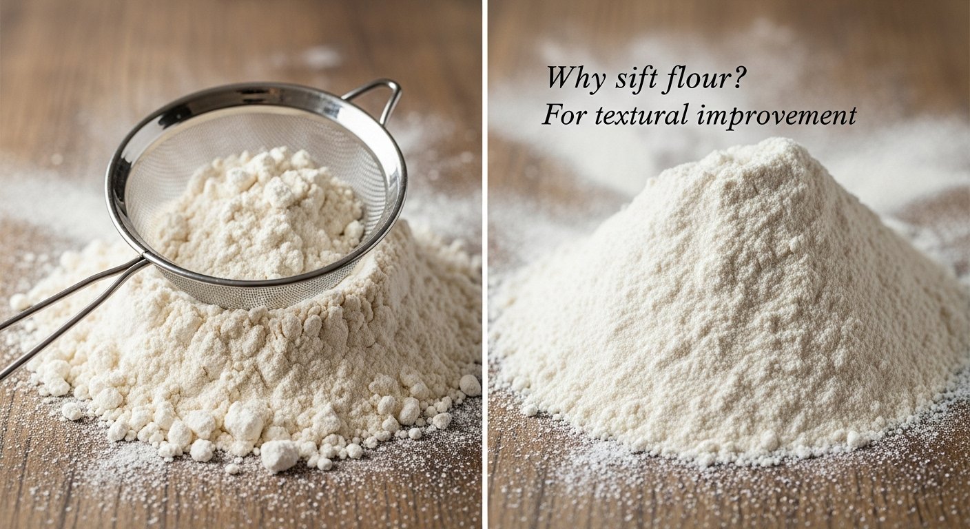 An educational image showing two piles of flour: one unsifted with visible lumps and another, adjacent pile of finely sifted, airy flour. Emphasize 'Why sift flour' for textural improvement.