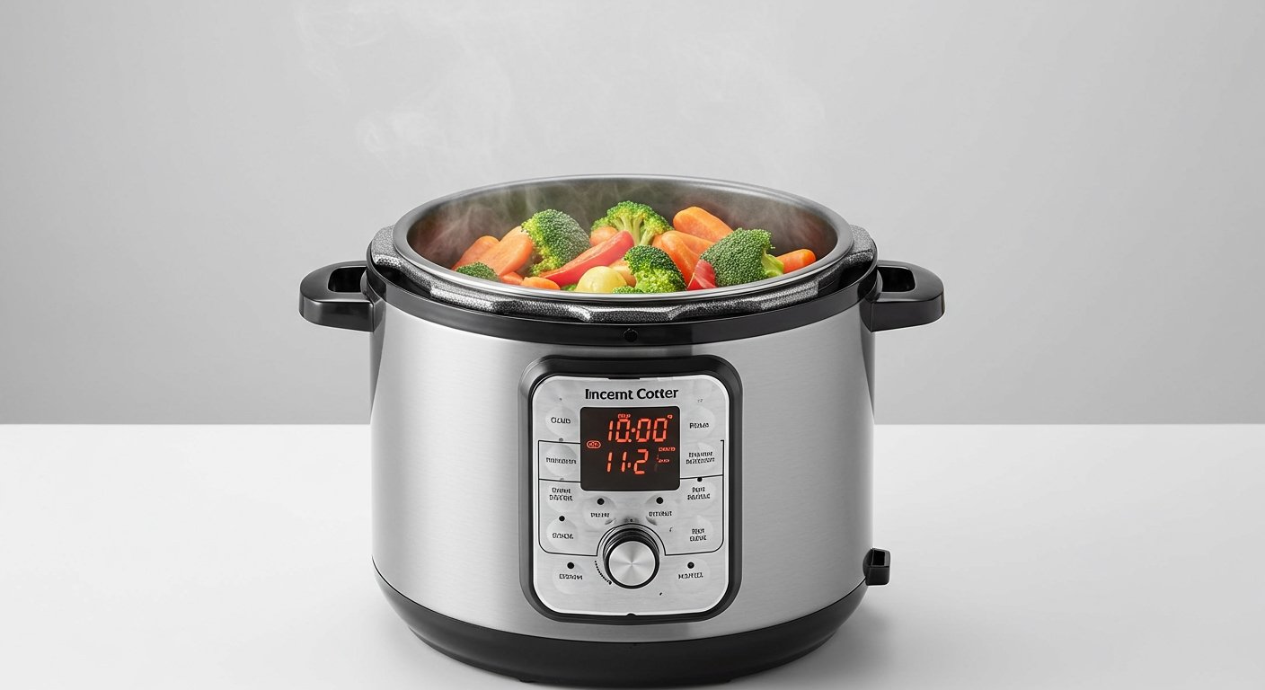 An electric pressure cooker rapidly steams vibrant vegetables, showcasing one of the best kitchen gadgets for aspiring chefs.