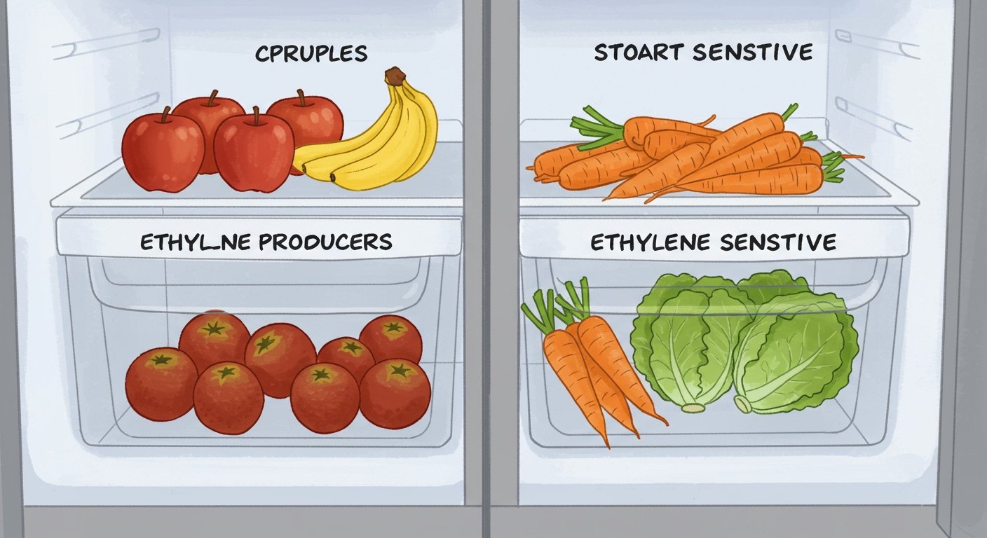 An illustration showing two separate crisper drawers in a refrigerator, one labeled 'Ethylene Producers' with apples and ripe bananas, and the other labeled 'Ethylene Sensitive' with carrots and lettuce, demonstrating how to store fresh produce longer by separating items.