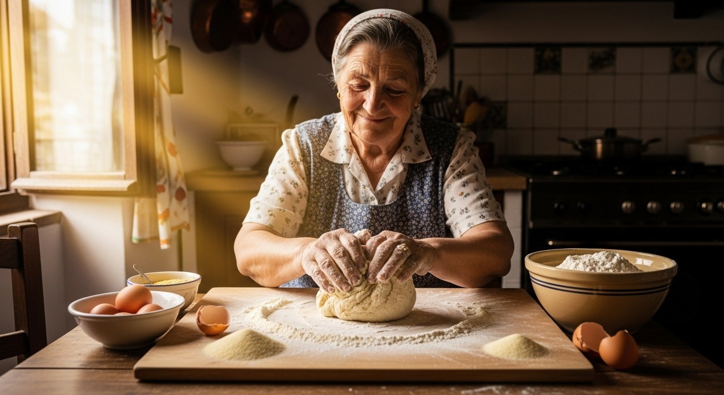 An Italian Nonna teaching how to make Italian pasta at home, kneading dough on a wooden board, surrounded by fresh ingredients like eggs and flour. Natural light, warm kitchen setting.