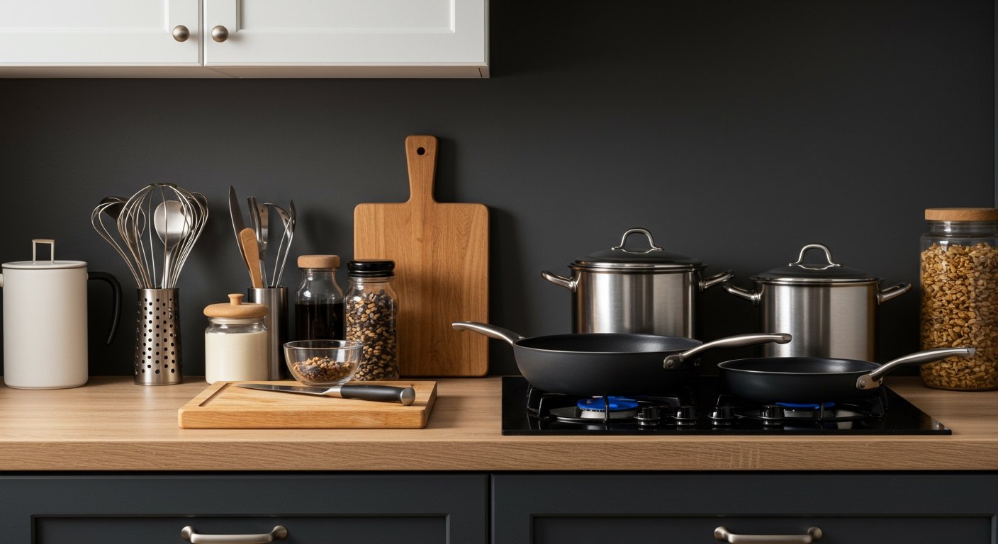 An organized kitchen counter with essential kitchen tools laid out, including a chef's knife, cutting board, various pots and pans, ready for someone to learn how to cook from scratch.