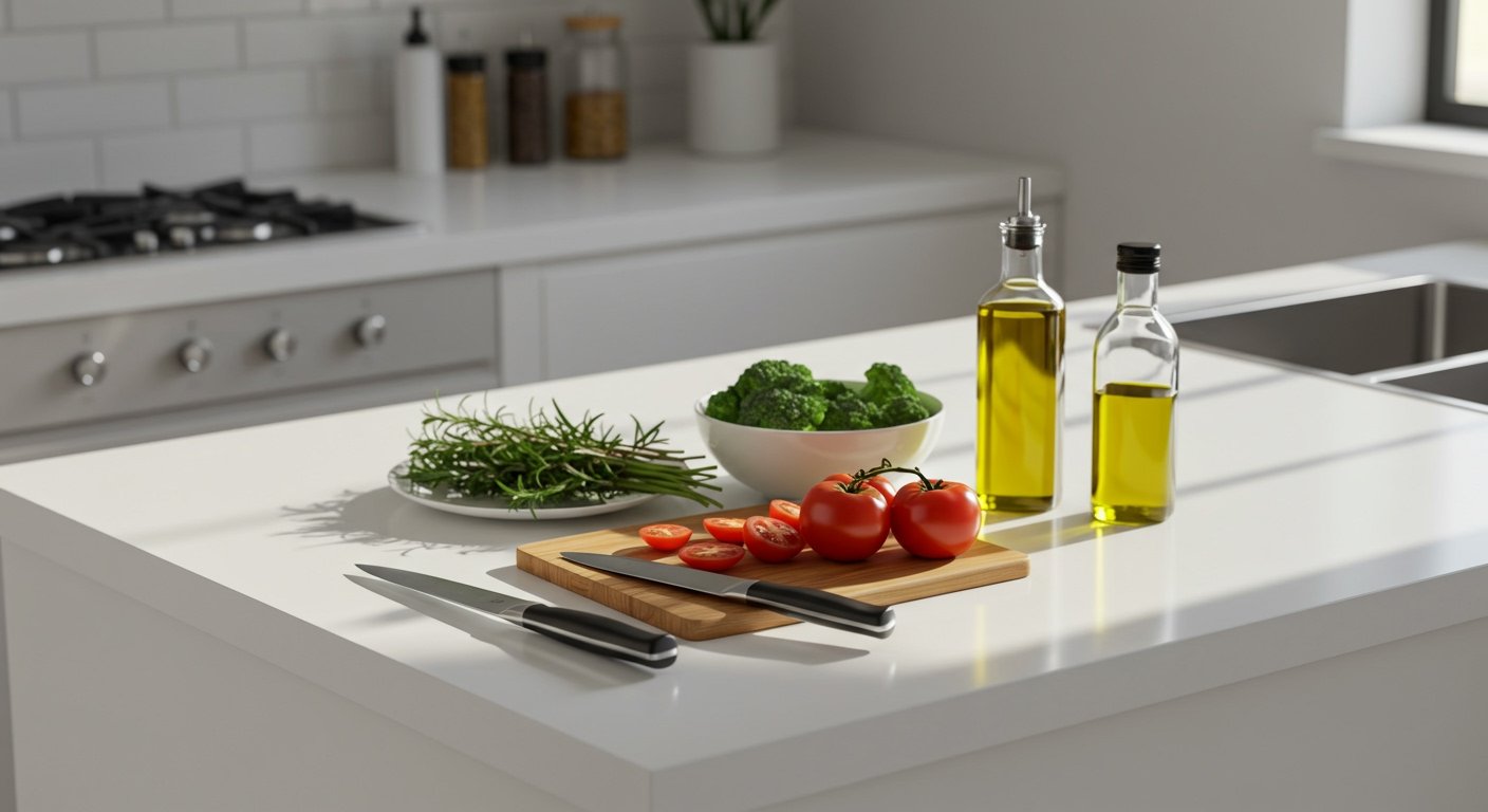 An overhead shot of a clean kitchen counter with a few essential tools and fresh ingredients, ready for making easy weeknight dinners under 30 minutes.