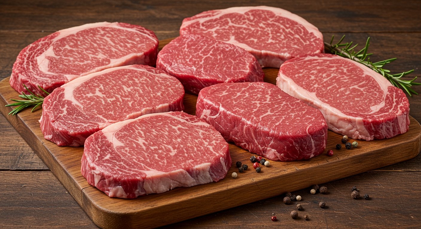 Assortment of raw premium beef cuts (ribeye, New York strip, filet mignon) with visible marbling, ready for perfect steak at home, on a wooden cutting board.