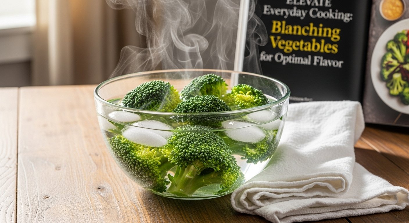 Bright green blanched broccoli florets in a bowl with ice water, illustrating the technique of Blanching Vegetables to Elevate Everyday Cooking.