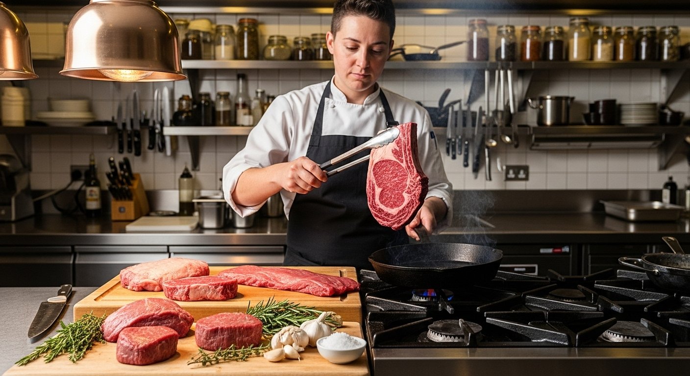 Chef preparing to cook perfect steak in a kitchen, with various cuts of meat on a cutting board, including a ribeye and sirloin.