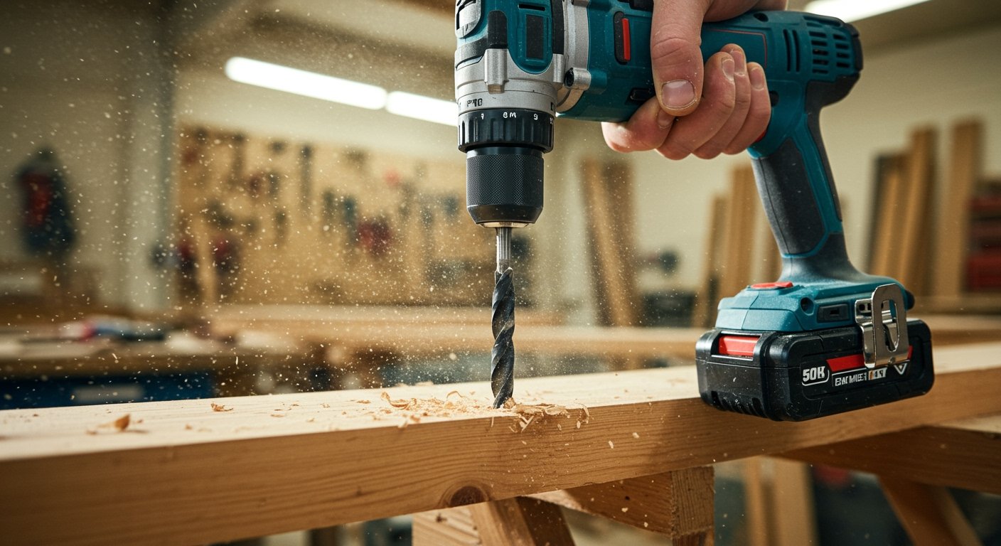 Close-up of a cordless drill/driver being used on wood in a bright workshop, showcasing the best power tools for workshop.