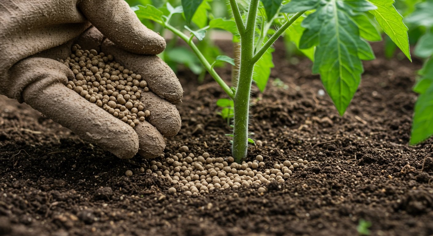 Close-up of a gardener applying synthetic granular fertilizer to the base of a tomato plant in a home garden, showing the small, uniform pellets. The soil looks dark and well-tilled, with healthy green foliage. Bright natural light.