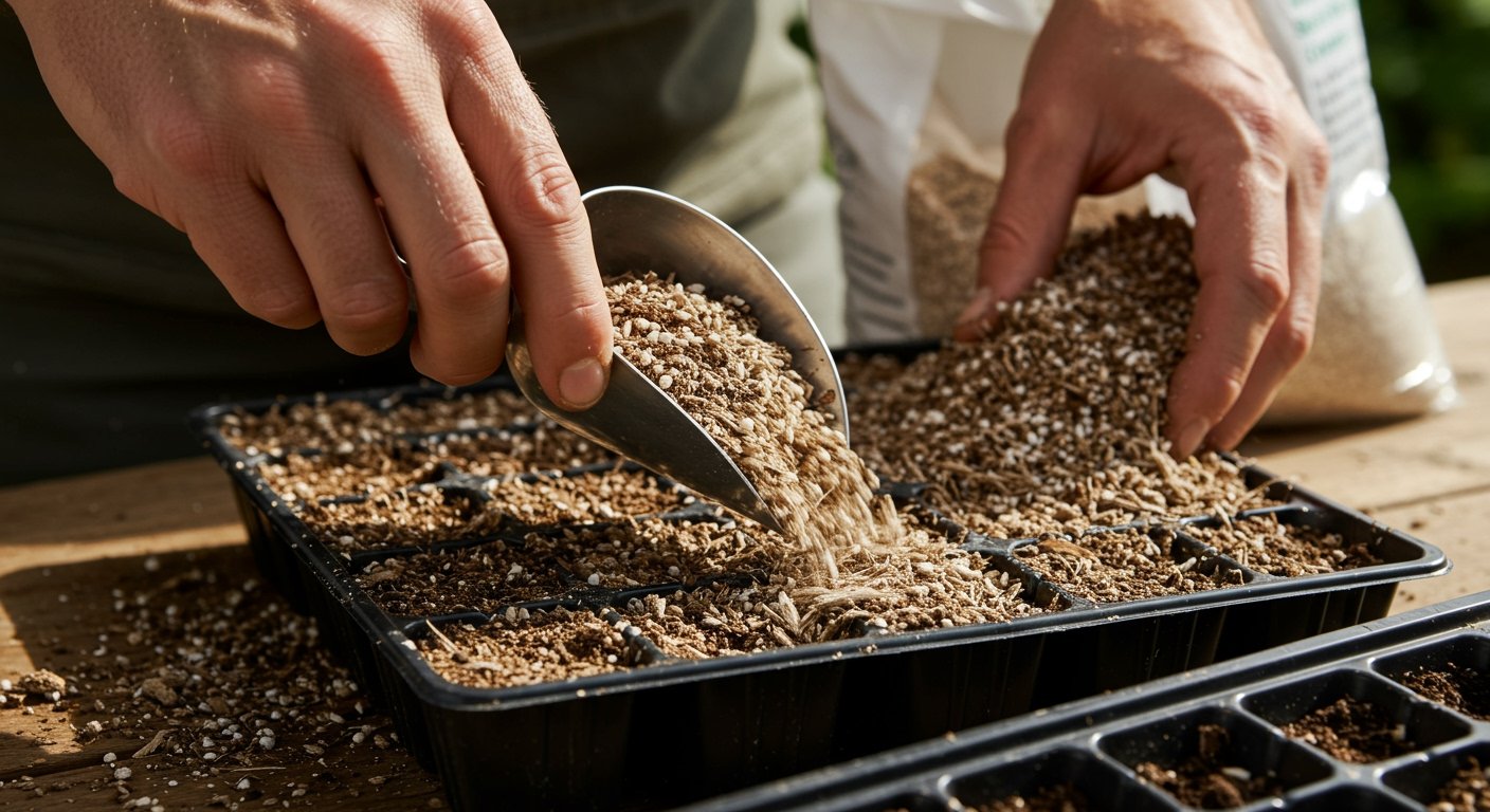 Close-up of a gardener filling seed starting trays with a light, fine seed starting mix, with a bag of sterile seed starting soil in the background, realistic photo.