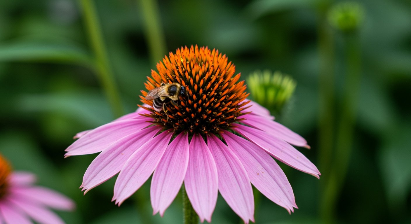Close-up of a purple coneflower (Echinacea) in bloom, with a bee on it, in a lush green garden setting. Photorealistic.