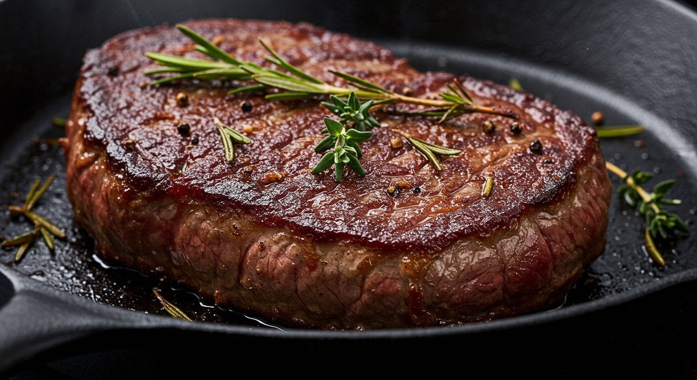 Close-up of a sizzling cast iron steak with a perfect crust and rendered fat, demonstrating how to achieve the perfect steak at home.