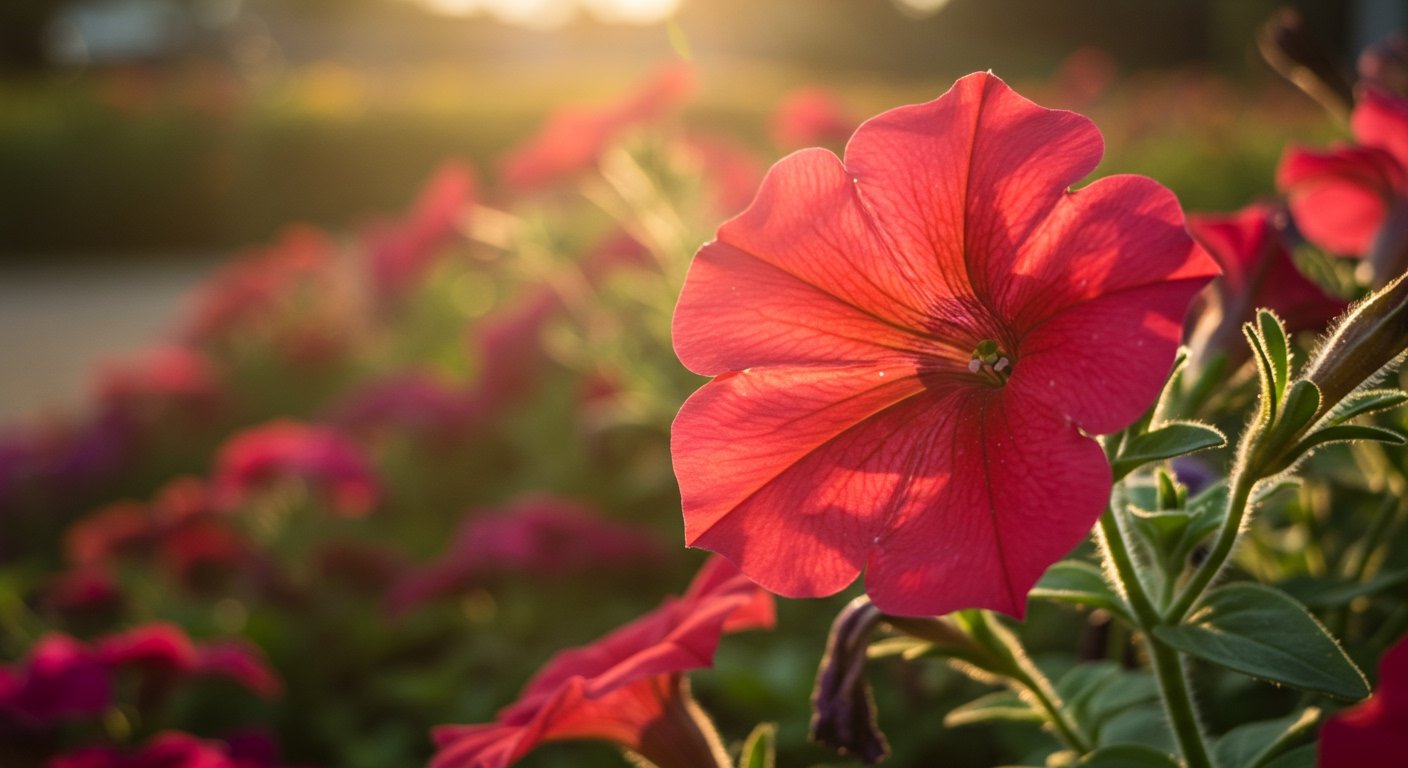 Close-up of a vibrant red petunia flower, showcasing its delicate petals and bright color, in a garden bed. Photorealistic.
