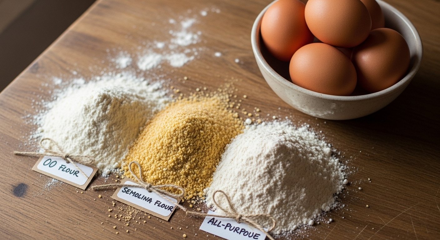 Close-up of different types of flour (00 flour, semolina flour, all-purpose flour) laid out on a wooden table, next to a bowl of large, room temperature eggs for how to make Italian pasta at home.