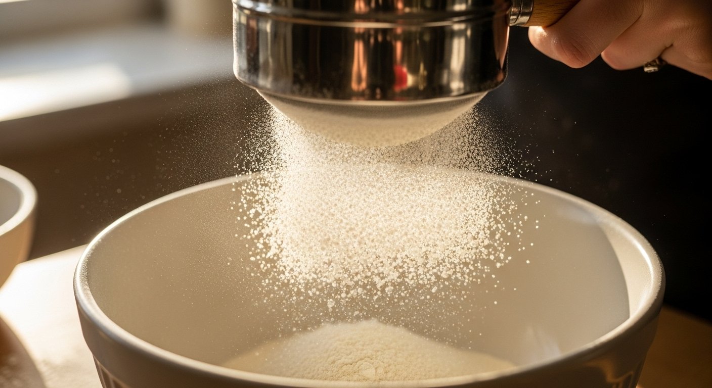 Close-up of flour being sifted into a bowl, emphasizing the airy, fine texture. The image should convey the concept of 'Why sift flour'.