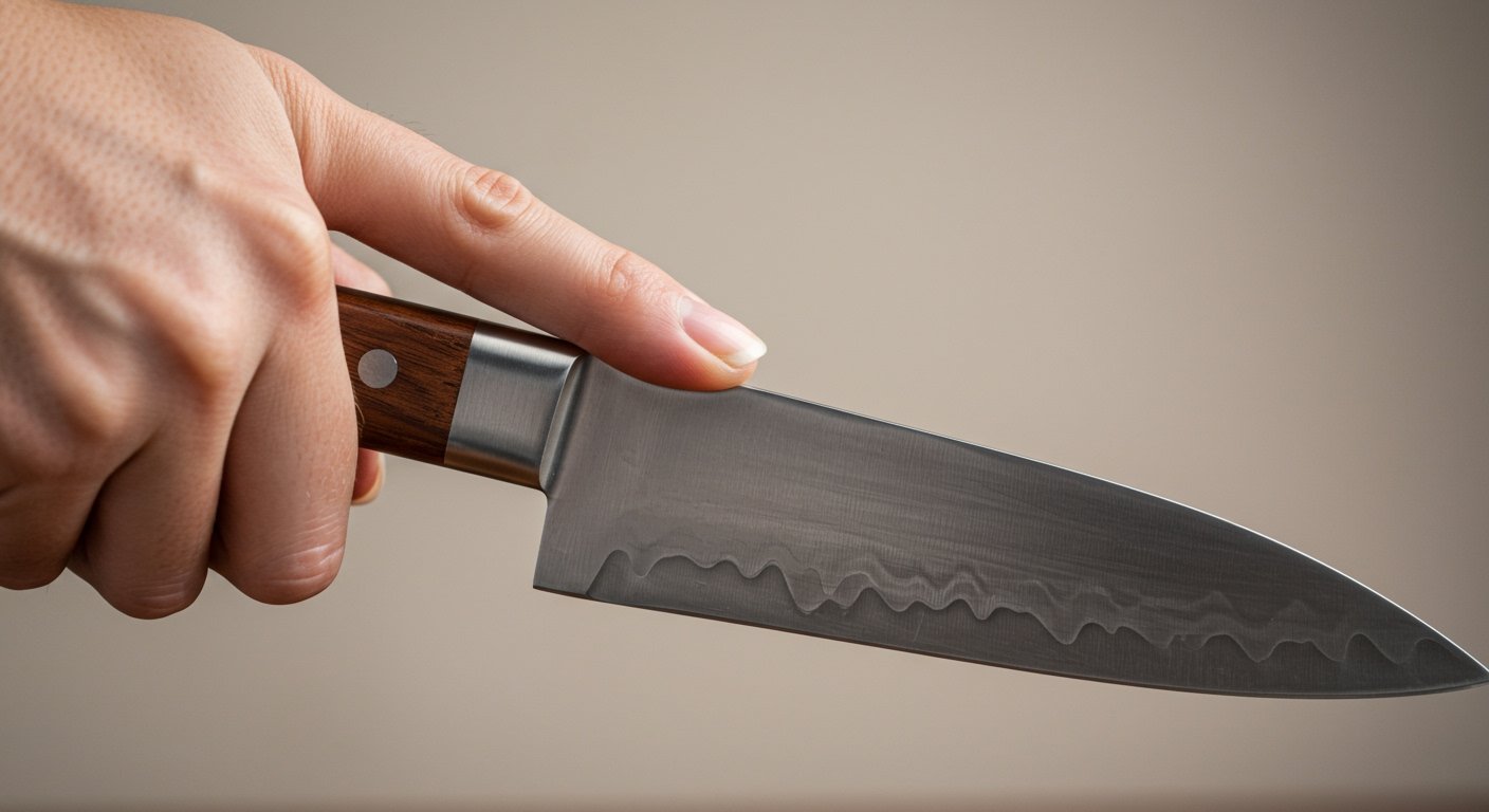 Close-up shot of a hand demonstrating the pinch grip on a chef's knife, highlighting proper basic knife skills for home cooks.