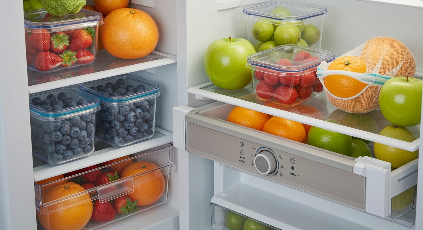 Colorful fresh fruits and vegetables like berries, apples, and citrus stored in various produce containers, illustrating expert methods to store fresh produce longer in a refrigerator.