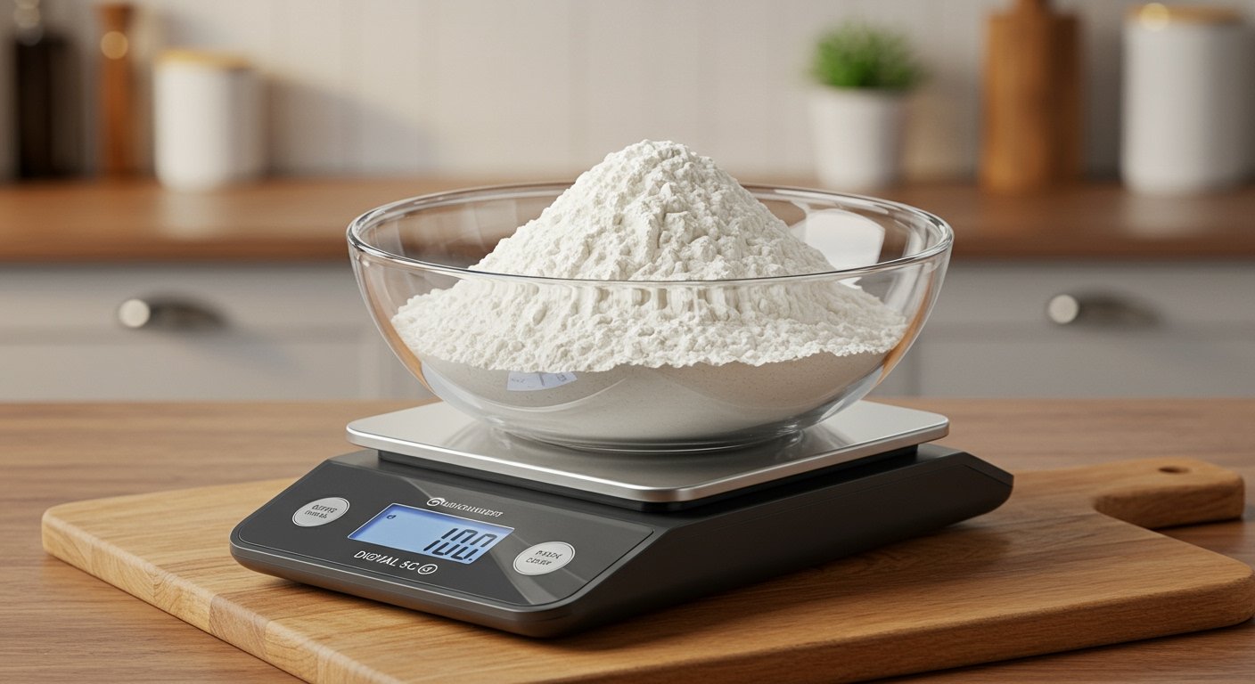 Digital kitchen scale precisely weighing flour, an essential tool among kitchen gadgets for aspiring chefs.