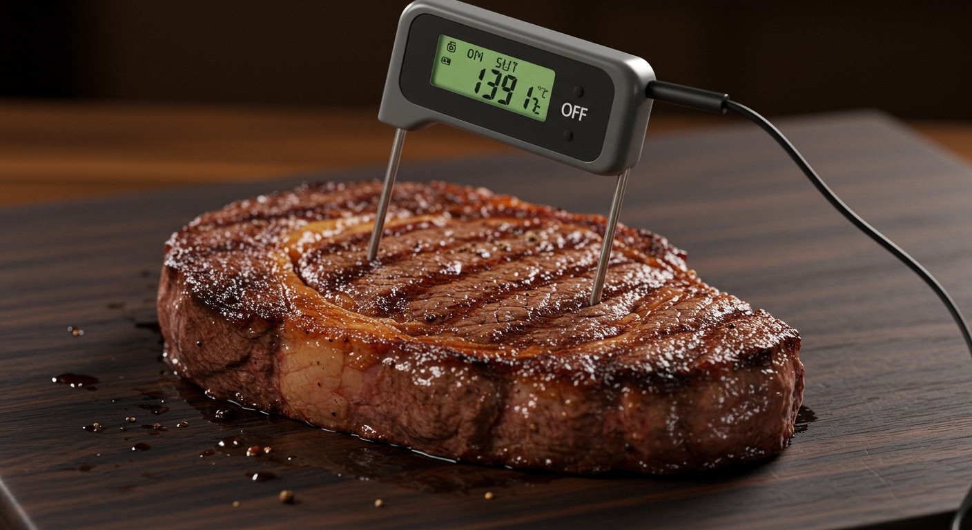 Digital meat thermometer inserted into a perfectly cooked medium-rare steak on a cutting board, showing the internal temperature for perfect steak at home.
