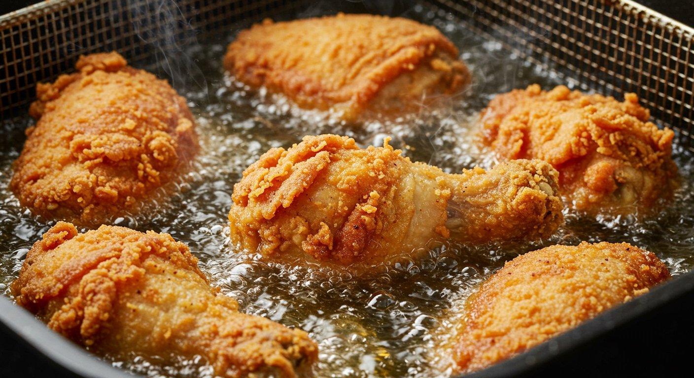 Golden-brown fried chicken pieces sizzling in a deep fryer, with oil bubbling around them, illustrating the perfect frying temperature for how to make crispy fried chicken.