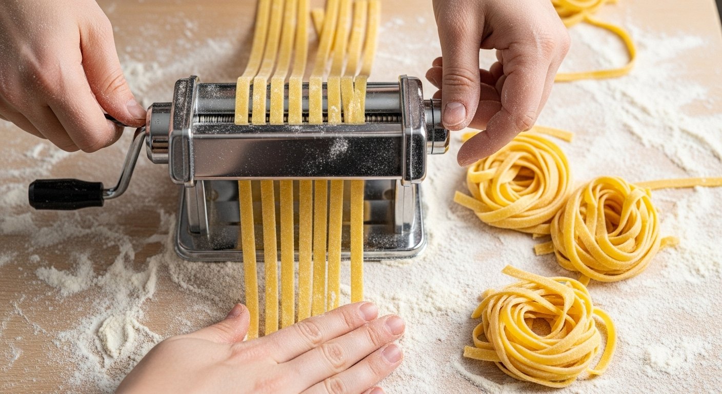 Hands cutting fresh pasta sheets into tagliatelle using a pasta machine attachment, on a floured work surface, showcasing how to make Italian pasta at home.