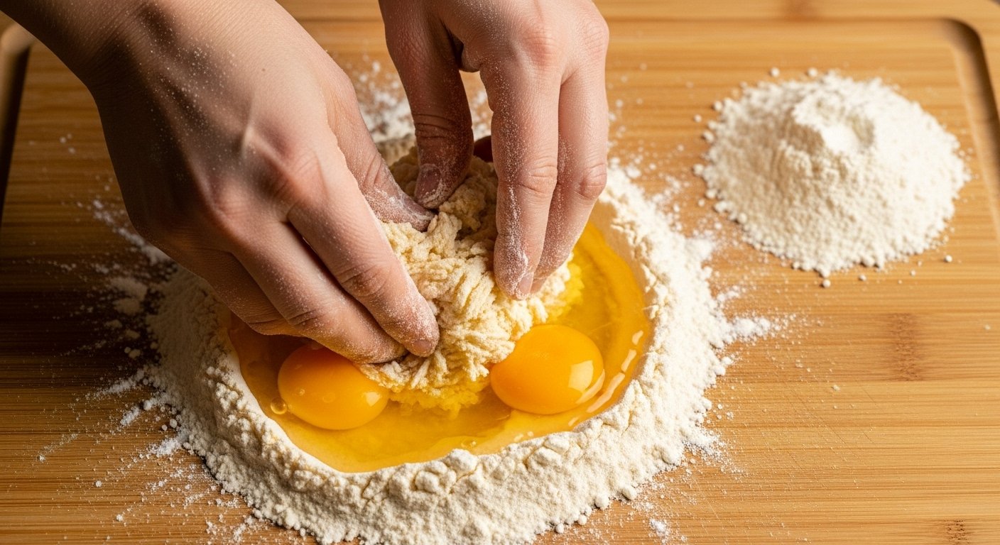 Hands gently incorporating flour into a well of eggs on a wooden pastry board, showing the traditional method of how to make Italian pasta at home.