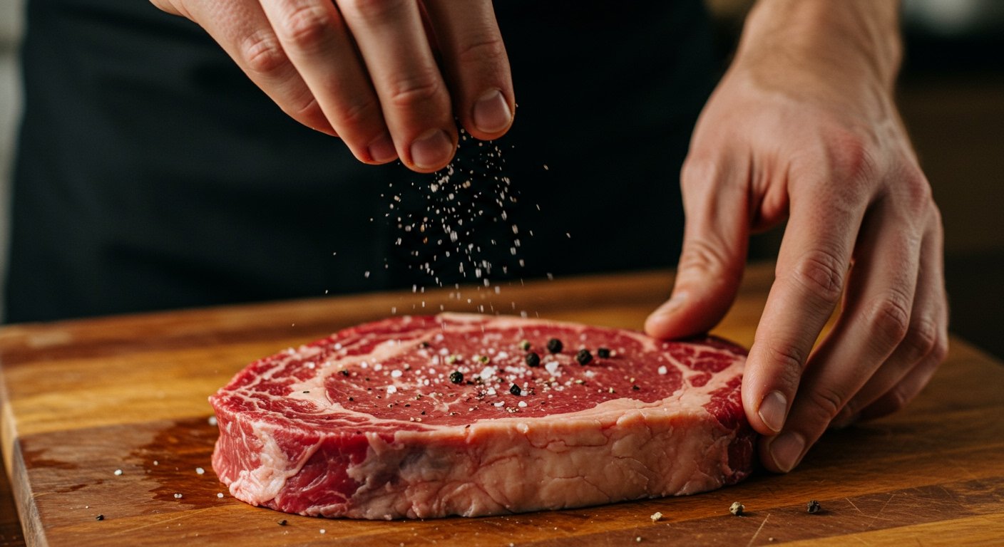 Hands seasoning a raw steak with coarse salt and freshly ground black pepper on a cutting board, preparing for perfect steak at home.