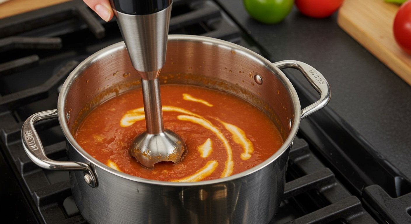 Immersion blender pureeing creamy tomato soup directly in a pot, a must-have among kitchen gadgets for aspiring chefs.