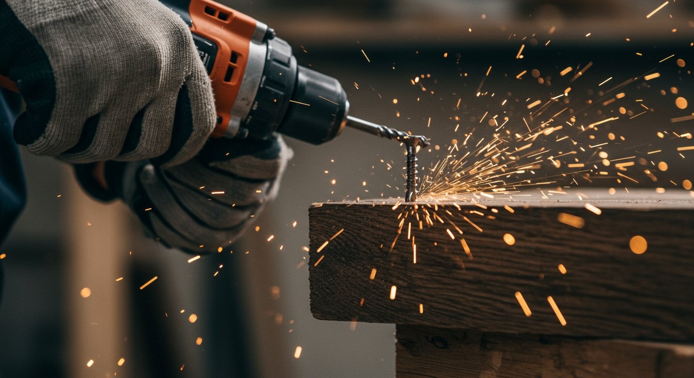 Impact driver securing a large screw into a sturdy piece of timber, highlighting the power of the best power tools for workshop.