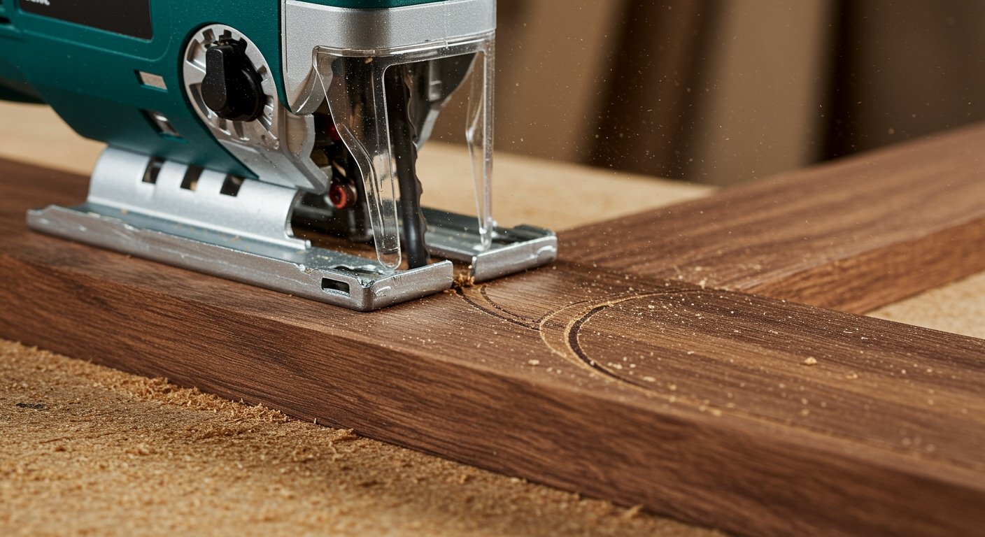 Jigsaw cutting a curved line in a piece of wood, emphasizing precision among the best power tools for workshop.