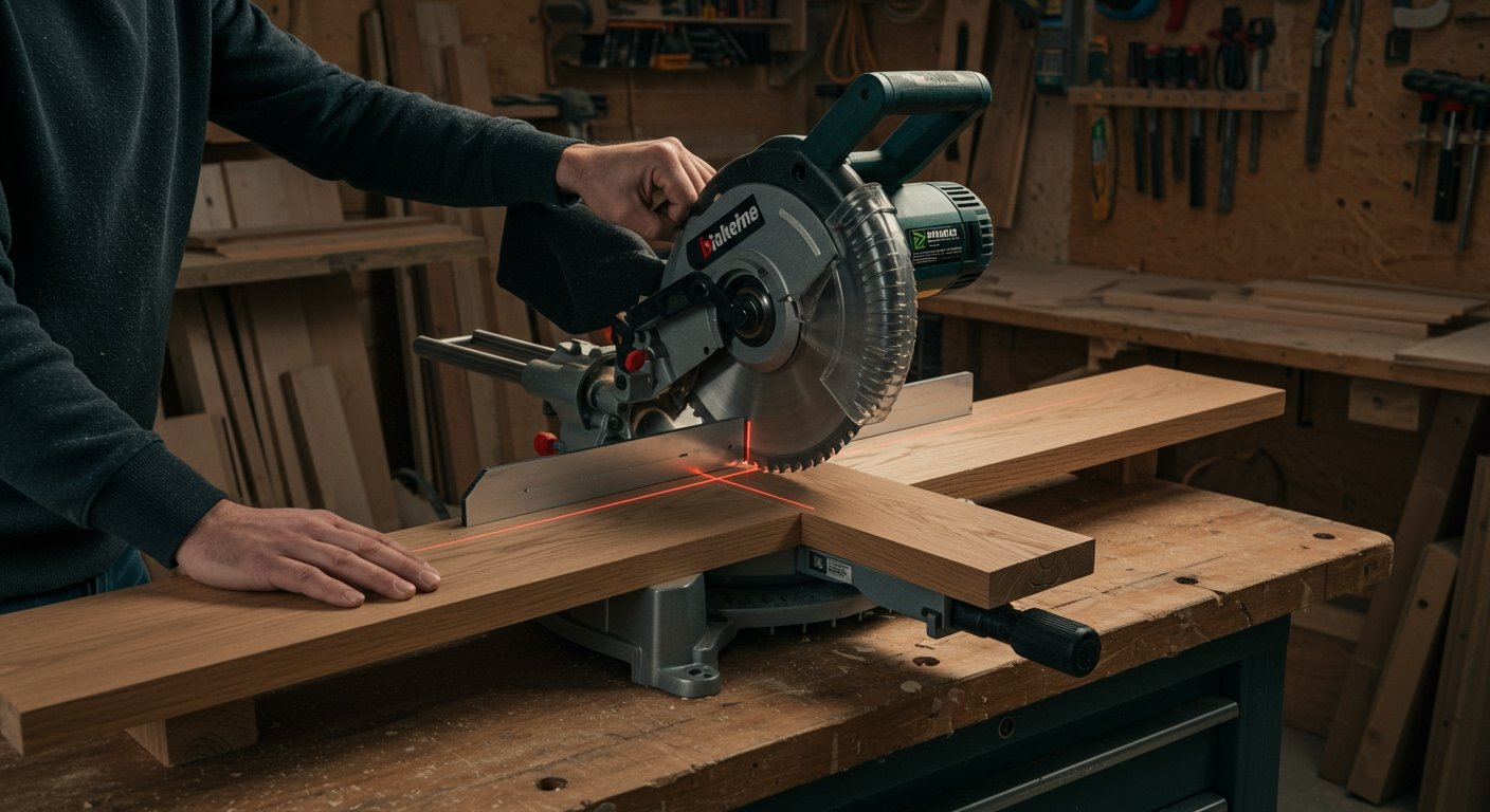 Miter saw making a precise crosscut on a wooden board in a workshop setting, showcasing the best power tools for workshop.