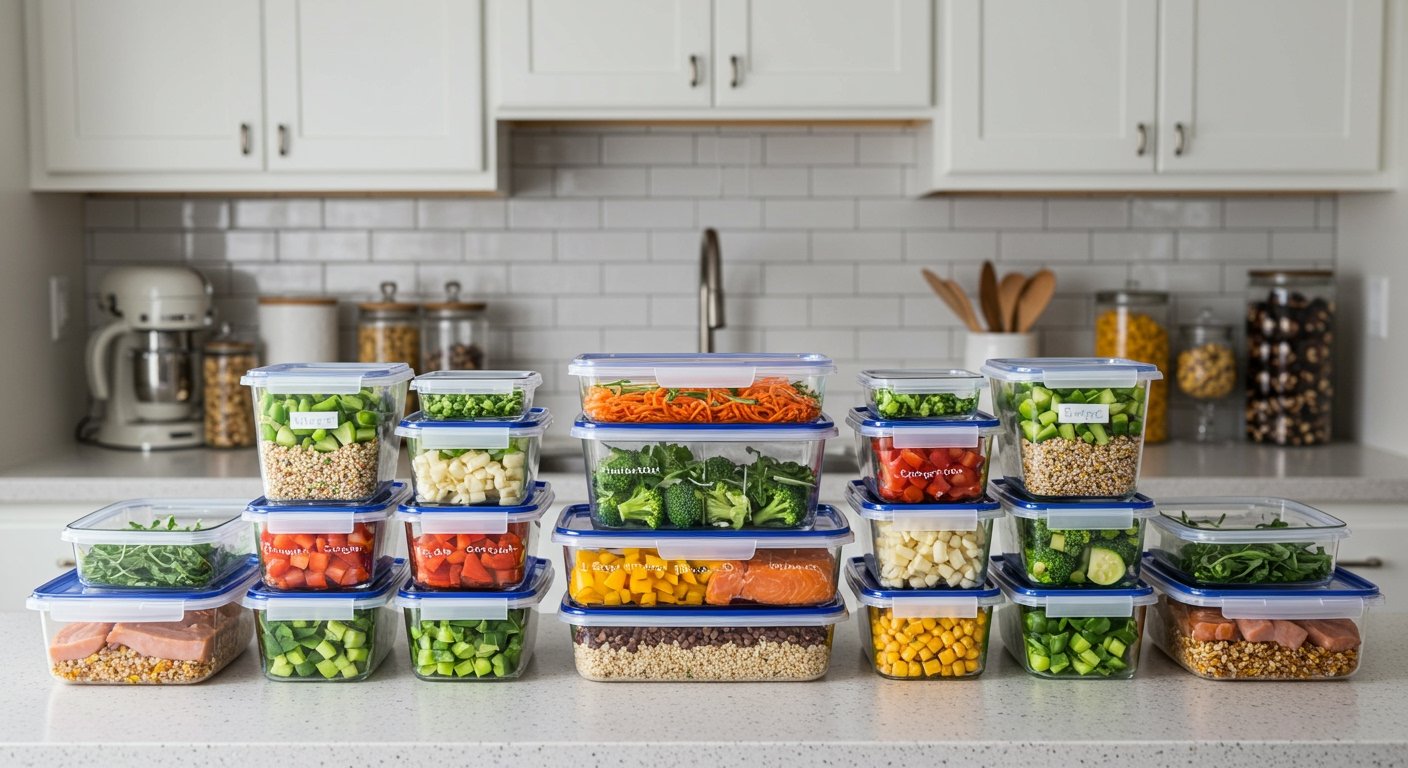 Organized kitchen with meal prep containers, illustrating how to cook from scratch efficiently for healthy eating.