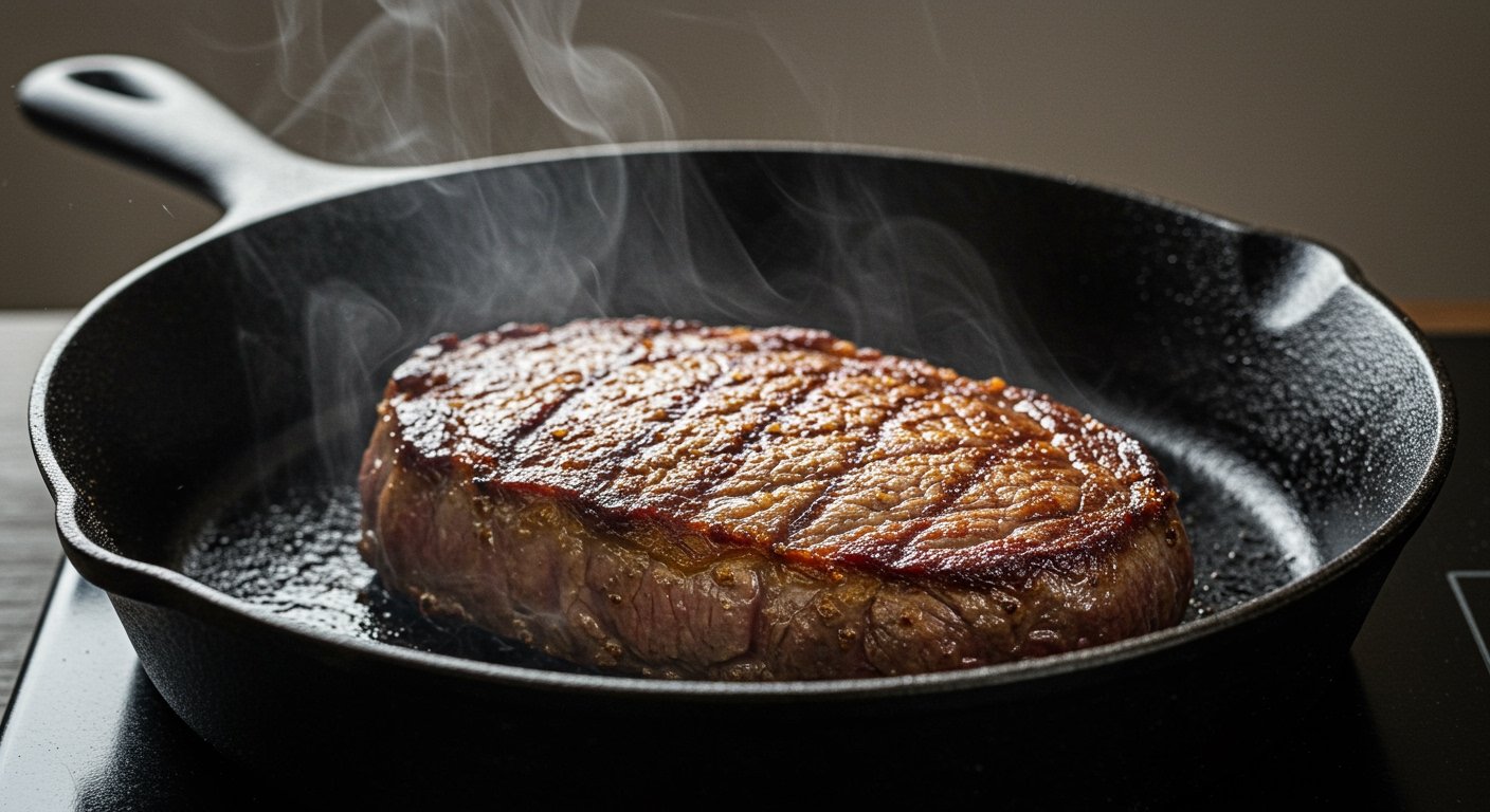 Perfect steak at home, sizzling in a cast iron pan, with a golden brown crust, steam rising, professional food photography.