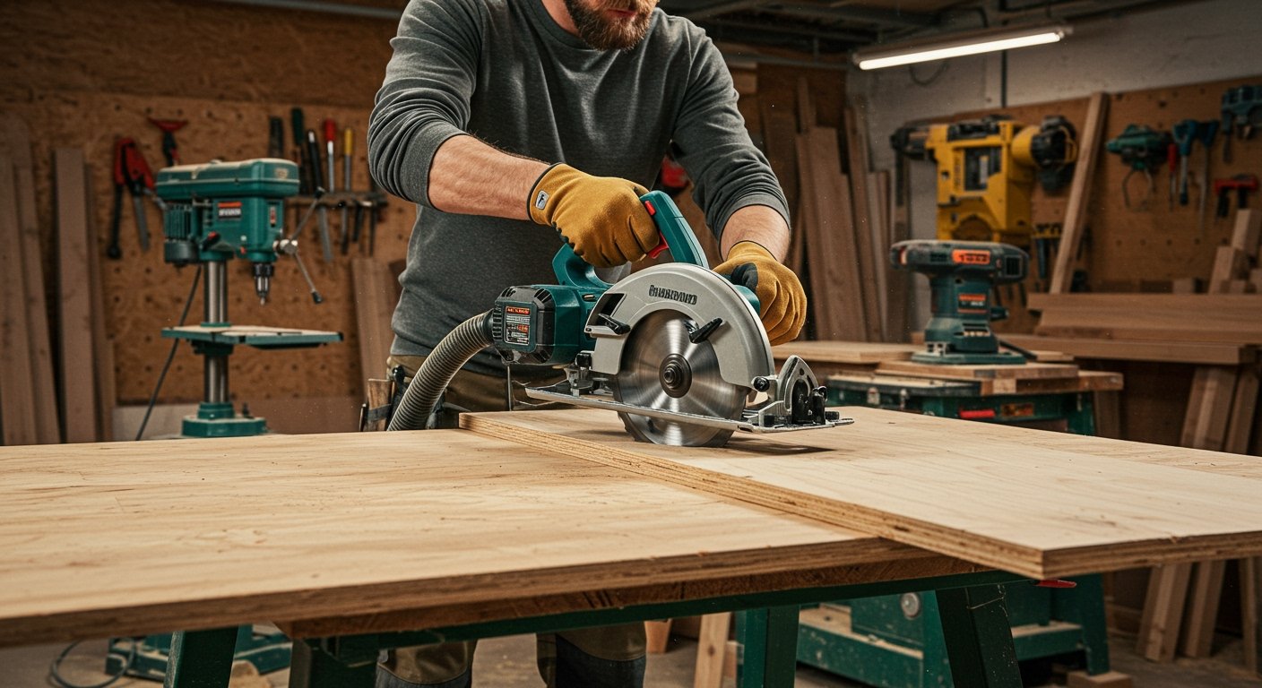 Person safely operating a circular saw to cut a large piece of plywood, highlighting the best power tools for workshop.