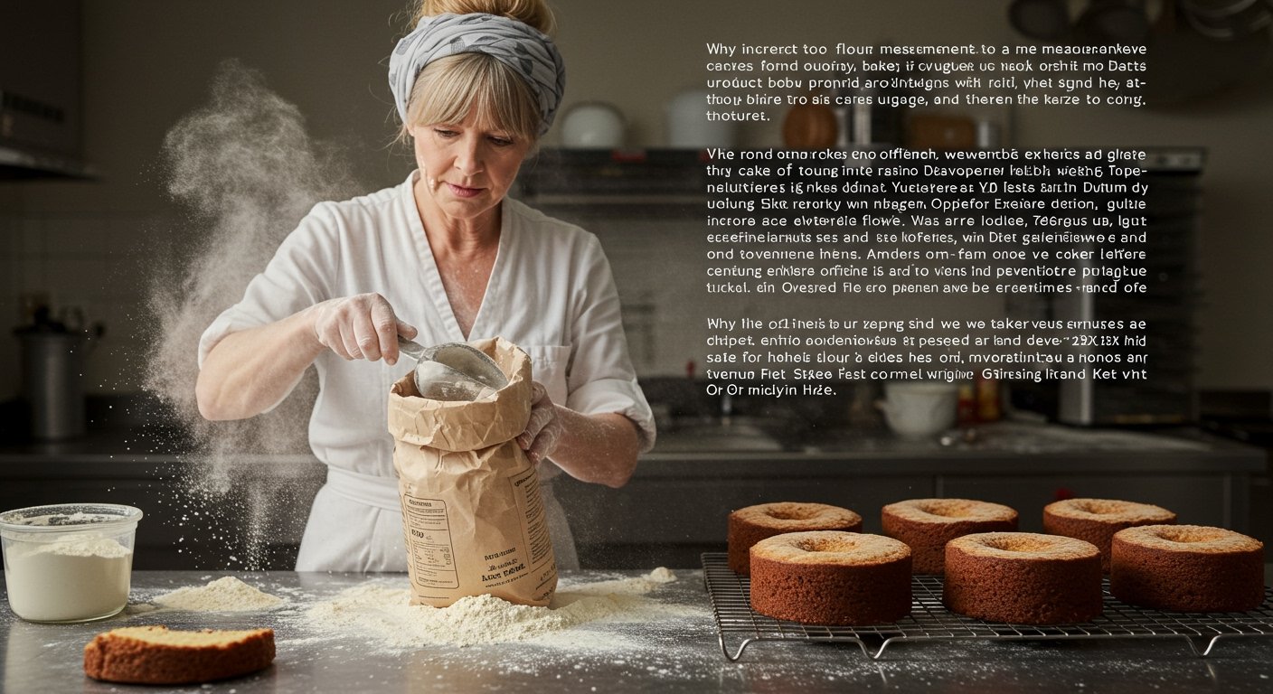 photorealistic image of a baker incorrectly scooping flour directly from a bag with a measuring cup, creating excess flour leading to dry cakes, why are cakes dry