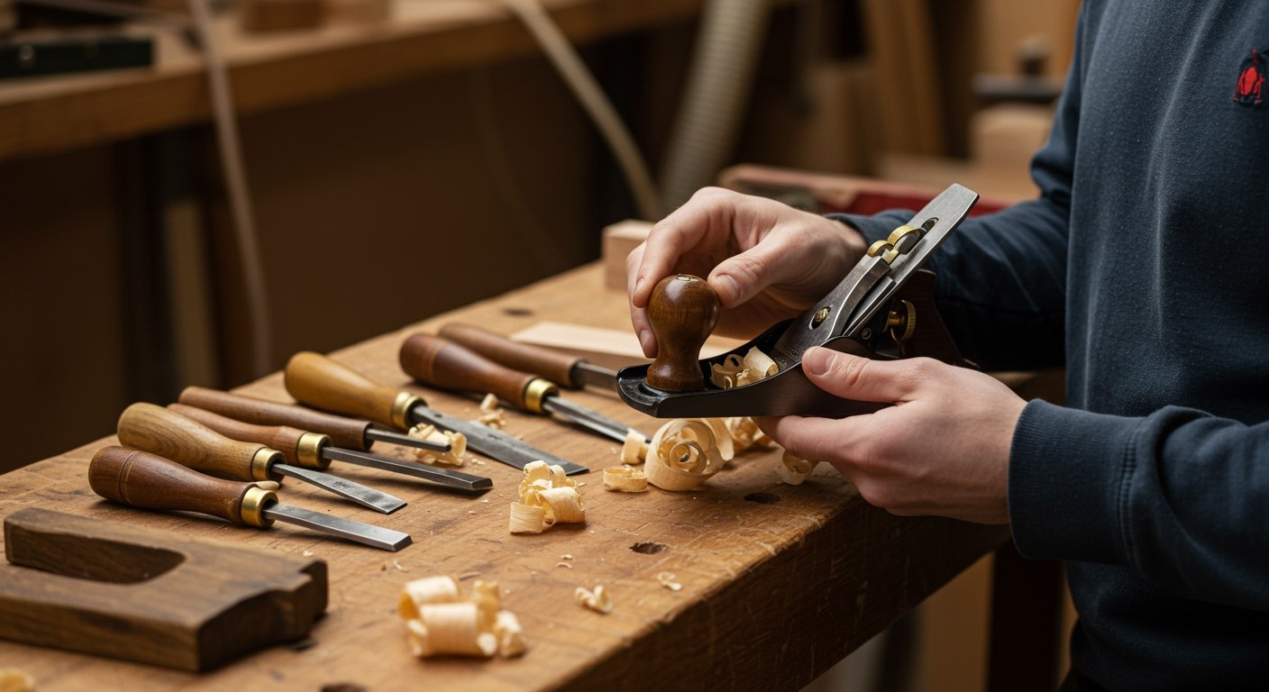 Photorealistic image of a beginner woodworker carefully examining a hand plane, with other basic hand tools neatly arranged on a workbench in the background. Natural light, focused on the tools and the worker's hands.