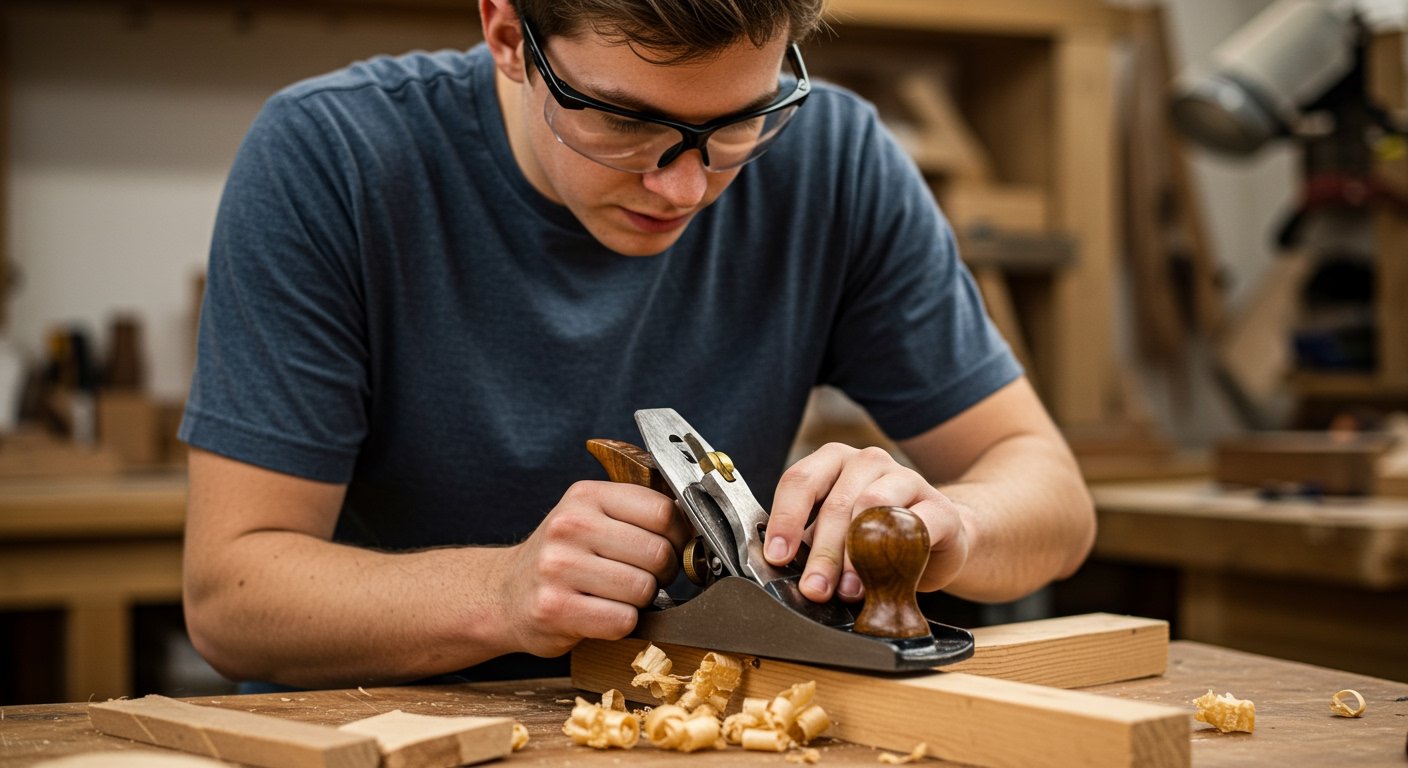 Photorealistic image of a beginner woodworker wearing safety glasses, focused on learning to use a hand plane on a piece of scrap wood. The scene should convey a sense of learning and patience.