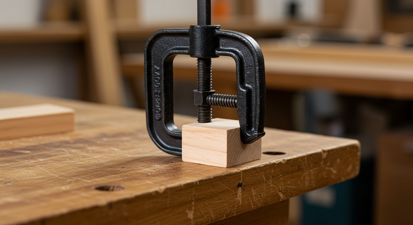 Photorealistic image of a C-clamp securing a small wooden block to a workbench, demonstrating why it's one of the best woodworking clamps for strong, compact grip.