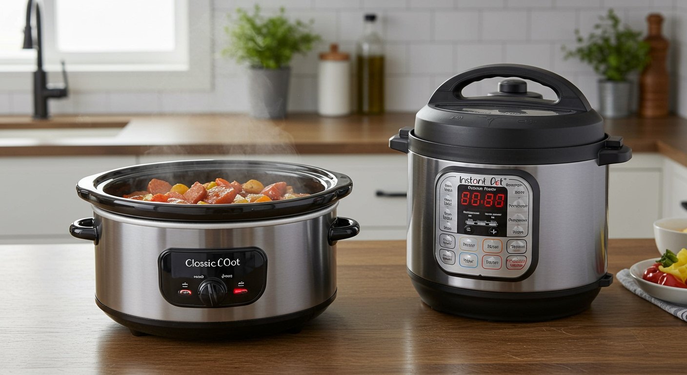 Photorealistic image of a classic oval-shaped slow cooker simmering a stew, with steam gently rising, next to a modern multi-functional Instant Pot on a kitchen counter. The scene should convey a busy, homey kitchen atmosphere, highlighting the slow cooker vs instant pot theme.