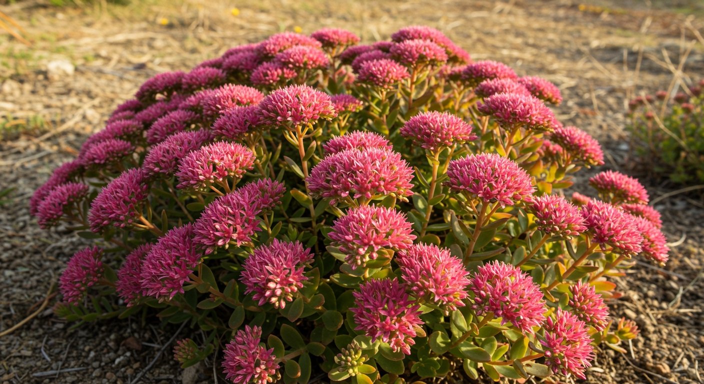 Photorealistic image of a cluster of 'Autumn Joy' Sedum with pink flower heads, thriving in a sunny, dry garden setting.