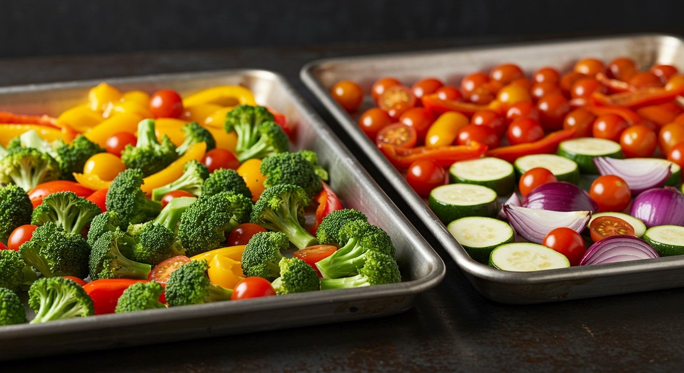 Photorealistic image of a couple of sheet pans filled with various vegetables (broccoli, bell peppers, cherry tomatoes) ready for roasting. Focus on these versatile kitchen gadgets for aspiring chefs.