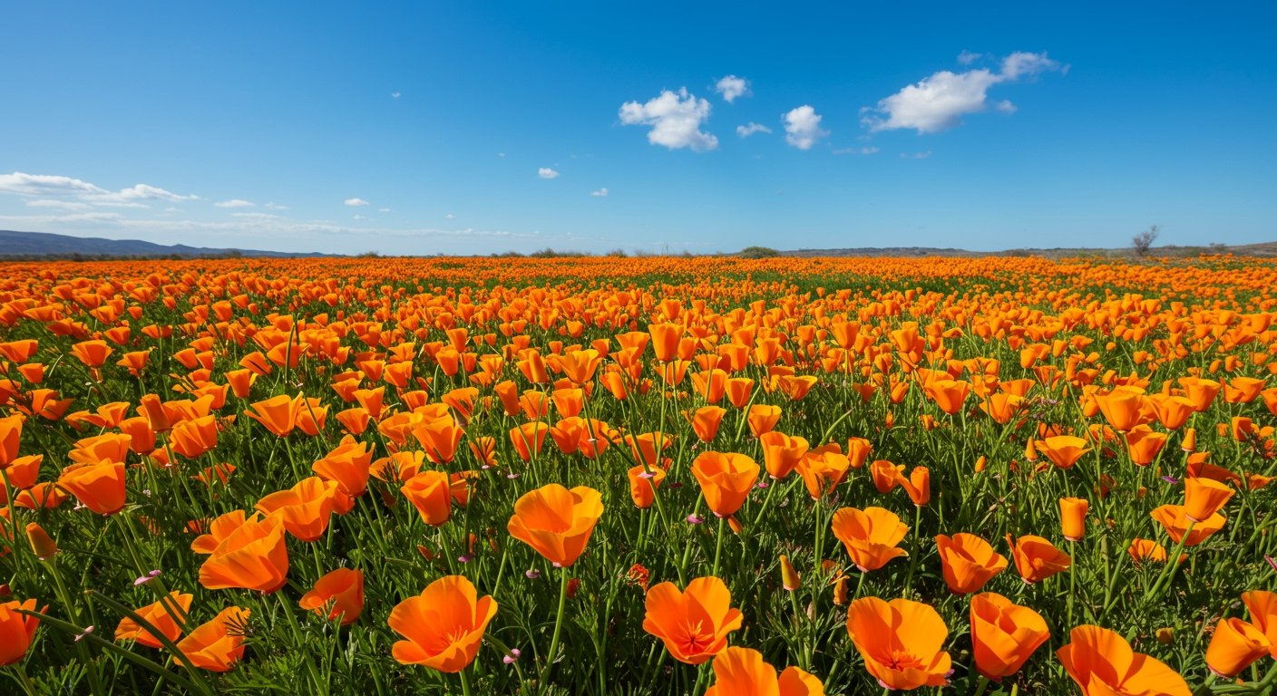 Photorealistic image of a field of bright orange and yellow California Poppies blooming under a clear blue sky.