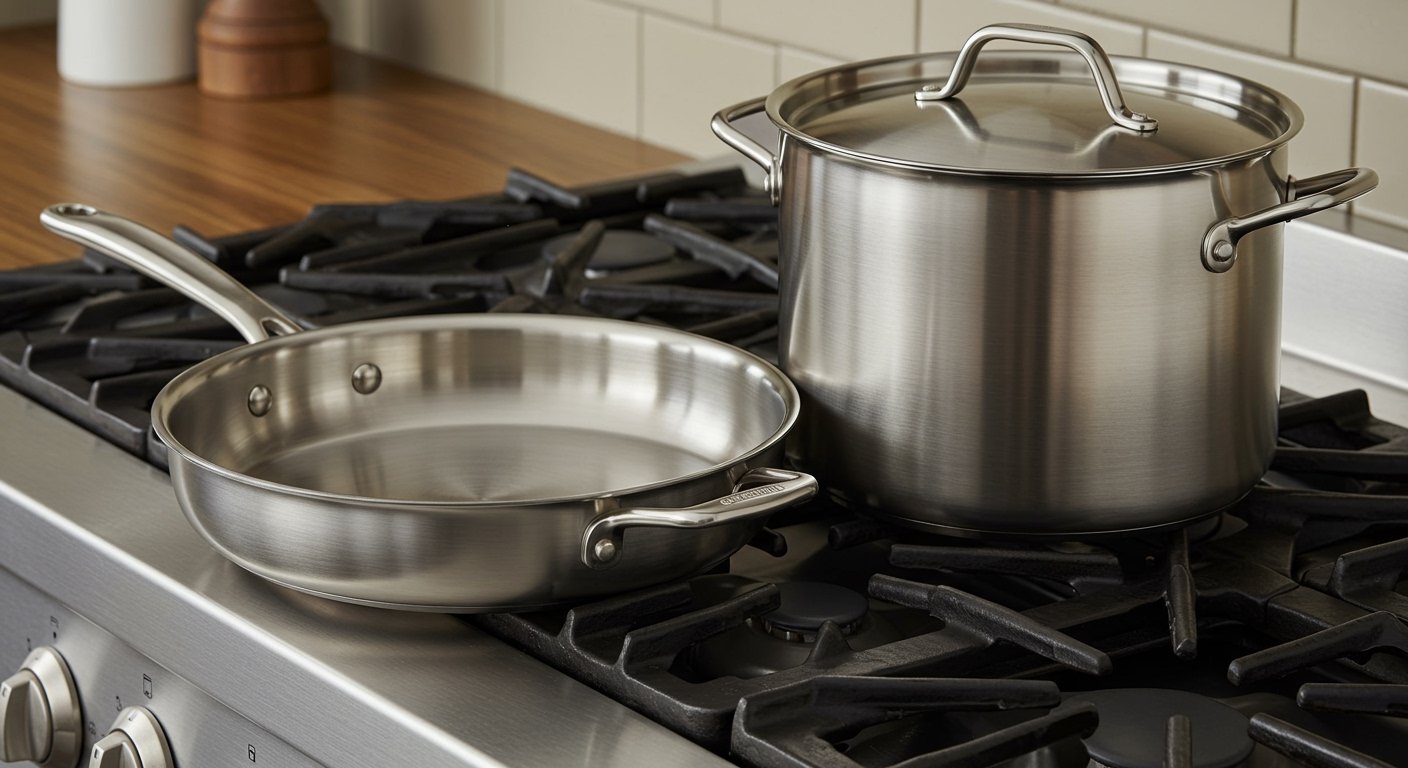 Photorealistic image of a gleaming stainless steel sauté pan and a stockpot on a stovetop. Emphasize these foundational kitchen gadgets for aspiring chefs.